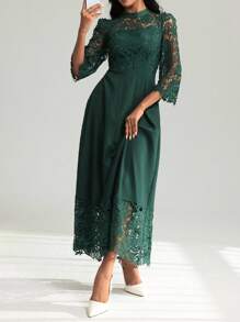 Modelyn Yellow Eyelet Embroidery Patchwork Maxi Long Sleeve Dress For Women - Dark Green - View 7