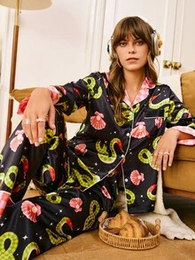 Chillnights Kontrastreiche Satin Damen Pyjama Set, Herbstkleidung