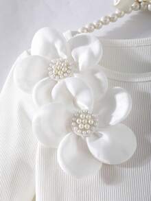 Elladie kids Abito corto bianco elegante e minimale per ragazze, collo tondo, maniche a raglan, vita alta, in tessuto a costine con decorazione floreale 3D, adatto per il ritorno a scuola con fiocco, per tutte le stagioni