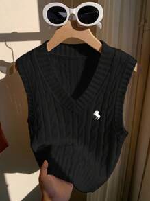 Comfortcana Women's Casual V-Neck Equestrian Embroidery Cable Knit Sweater Vest Going Out Tops Women,Tops For School In Fall/Winter