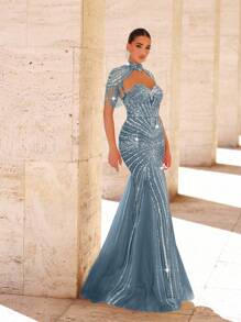 Glamrae 优雅奢华串珠亮片网眼美人鱼连衣裙，流苏袖设计，适合婚礼、派对、度假、庆典、晚会正式穿着（重度装饰）