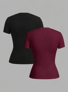 SHEIN EZwear 2pcs/Set Basic Crew Neck Short Sleeve T-Shirts, Black & Burgundy, Casual & Minimalist, Suitable For Spring/Summer - Multicolor - View 2