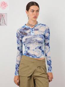 COUREZ 马匹印花薄纱长袖上衣/Y2K风格外出可爱春季性感外出上衣 - 藍色 - 查看 2