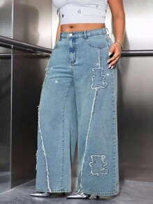 Jeanoix Quần jean ống rộng rộng rãi, thoải mái, sờn rách, đính đá Rhinestone cỡ lớn - Màu xanh lam - Xem 7