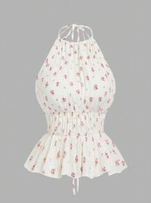 Sweetra Plus Size Halter Backless Top & A-Line Ditsy Floral Skirt 2 Pieces Set, Vacation - White - View 13