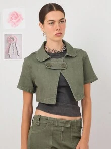 COUREZ 短袖露脐宽松牛仔上衣/Y2K风外出可爱春季性感上衣 - 綠色 - 查看 4