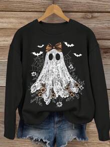 EMERY ROSE Plus Casual And Fashionable Halloween Ghost Print Round Neck Sweatshirt, Suitable For Autumn And Winter Fall Cloth For Women - Black - View 3