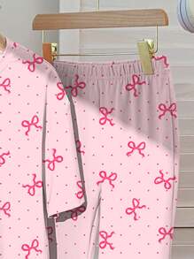 2 件套青少年女童休闲可爱甜美粉色波尔卡圆点和迷你蝴蝶结图案奶油粉色短袖上衣和裤子套装，适合夏季返校、节日服装、卡哇伊风格、女童服装套装、青少年女童服装、儿童服装、返校、返校节、校服、休闲、史迪奇 - 彩色 - 查看 5