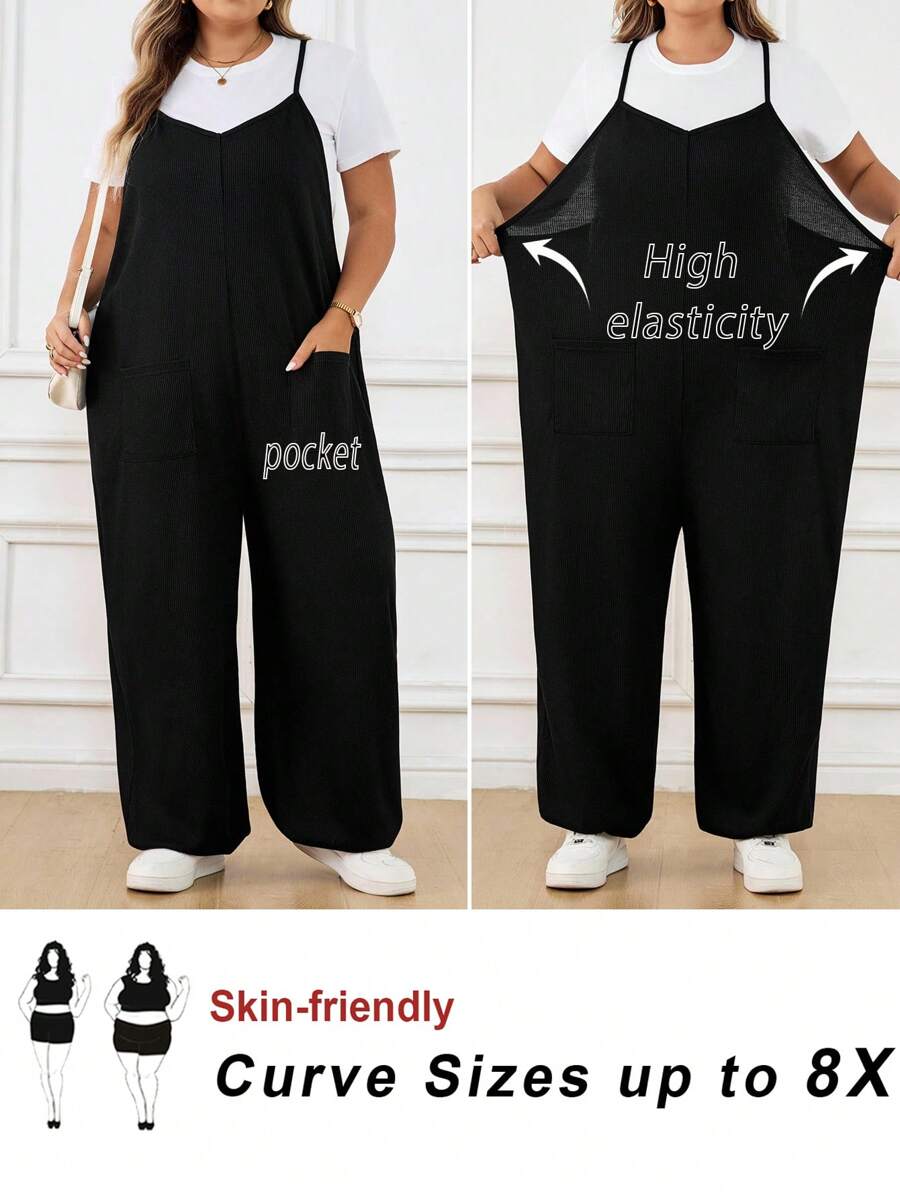 SHEIN CURVE+ Plus Size Women's Solid Color Pocket Design Wide Leg Loose Casual Jumpsuitfall Clothes For Women,Winter,CURVE PLUS/Autumn /Winter