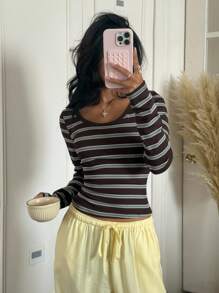 SHEIN EZwear 女式条纹休闲圆领长袖修身T恤 - 棕色 - 查看 5