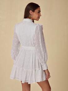 Enchnt 女士优雅纯色镂空刺绣荷叶边下摆度假连衣裙 - 白色 - 查看 7