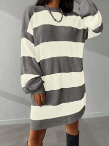 Women's Striped Sweater Dress With Drop Shoulder - Grey - View 3