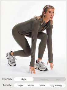 GLOWMODE FeatherFit™ Slim-It Streamline Performance Secure Pockets Zip Up Long Sleeve Jacket Low Impact Yoga Daily  Spring Summer - Brown - View 6