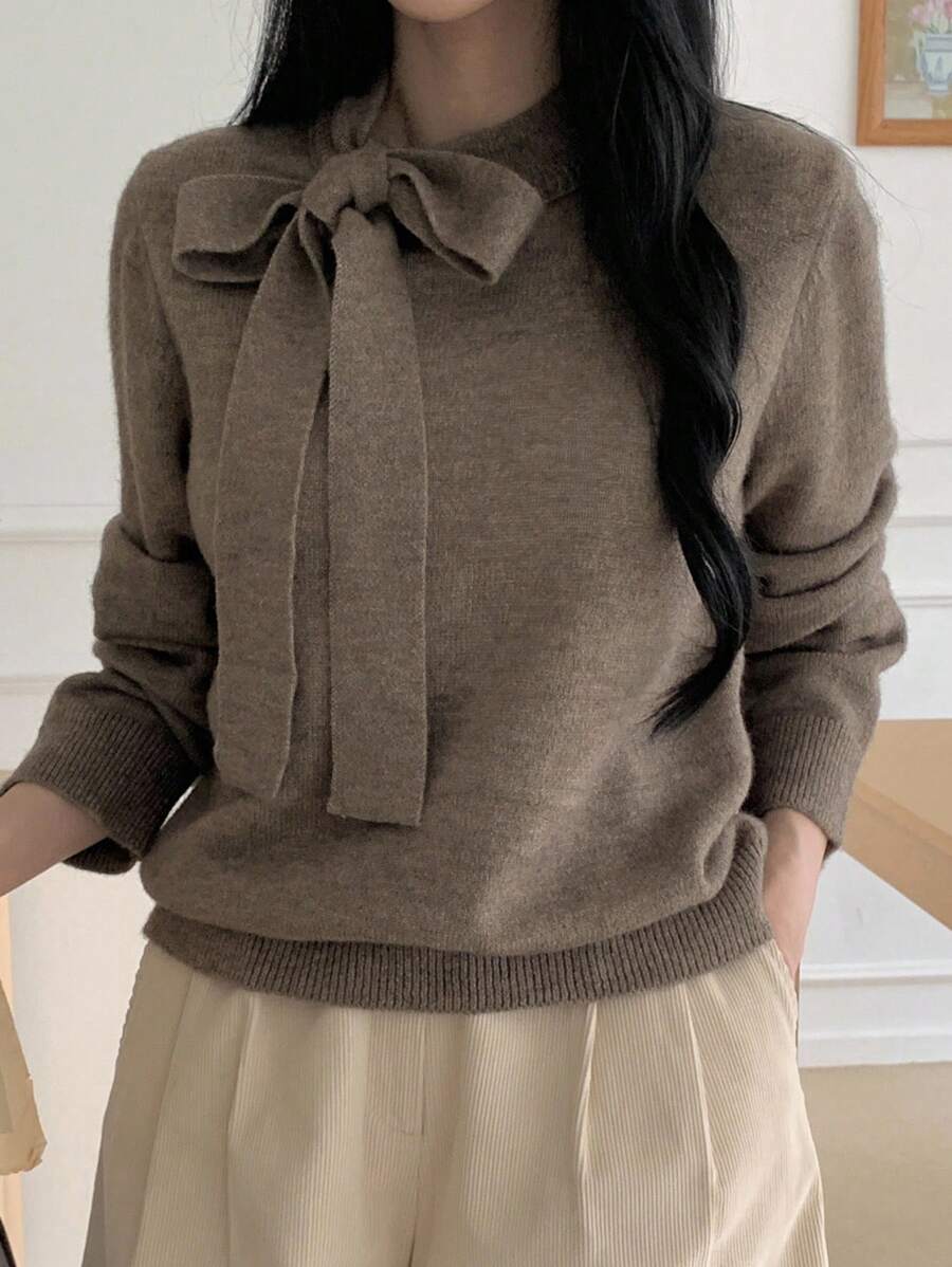 DAZY New Arrival Solid Color Casual Bowknot Knot Decor Women Sweater, Autumn,Fall Women Clothes - Brown - View 1