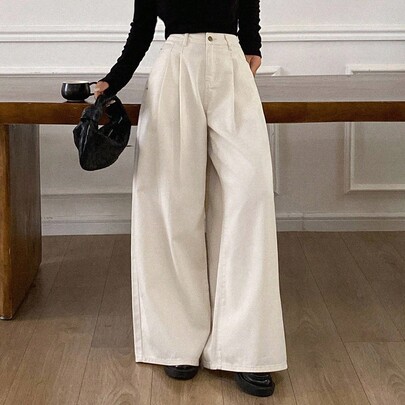 New Loose Casual White Wide-Leg Women Jeans, Autumn