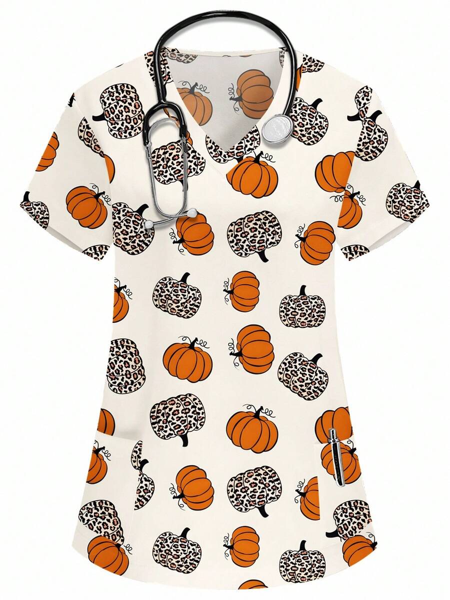 PopScrub Women's Beige V-Neck Short Sleeve Double Pocket Leopard Print Pumpkin Orange Pumpkin Pattern Nurse/Doctor Work Uniform Top, Solid Color Pet Grooming Work Uniform Top, Nutritionist Work Uniform Top, Functional Multi-Pocket Lab Work Uniform Top, Functional Women's Holiday, Summer