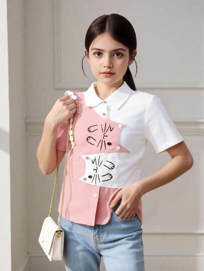 SHEIN Tween 女童休闲宽松可爱卡通小猫拼色领扣短袖衬衫
