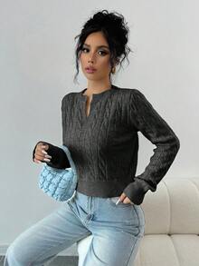 EURMUSE 女士纯色简约短款长袖毛衣，日常穿着 - 深灰色 - 查看 6