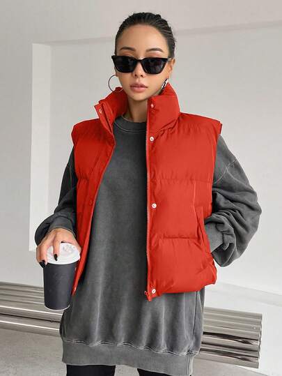 EURMUSE Women's Solid Color Zipper Front Pocket Casual Vest Jacket, Winter