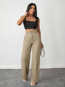 EURMUSE Women Solid Color Slant Pocket Wide Leg Pants - Beige - View 4