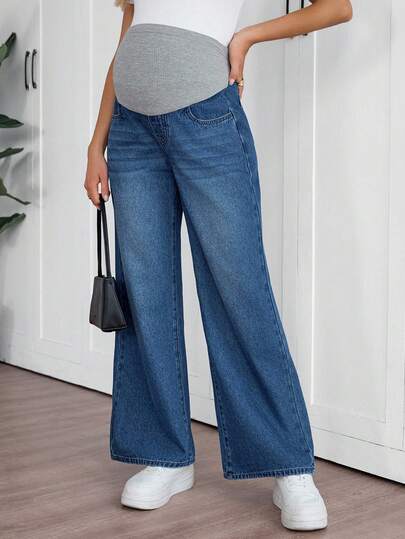 SHEIN Adjustable Waist Wide Leg Pants, Casual Maternity Wear Fall Autumn Winter Halloween Christmas New Year Commuting Vacation Travel 2000s Maternity Wide Leg Denim Jeans For Women Comfortable Blue Pregnancy Pants With Ribbed Elastic Belly Band Stylish Women's Maternity Jeans Blue Wide Leg Denim Pants With Elastic Waistband For Pregnancy Comfort Blue Jeans Wide Leg Jeans High Waist Straight Leg Jeans