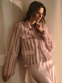 MOTF PREMIUM Áo khoác lông thú giả Tweed - Hồng - Xem 7