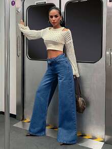 EURMUSE 100%Cotton VINTAGE WASH HIGH WAIST WIDE LEG CUT ASYMMETRIC BELT DETAIL - Medium Wash - View 6