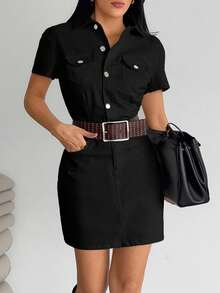 EURMUSE Mini Button And Belt Detailed Denim Dress - Black - View 7