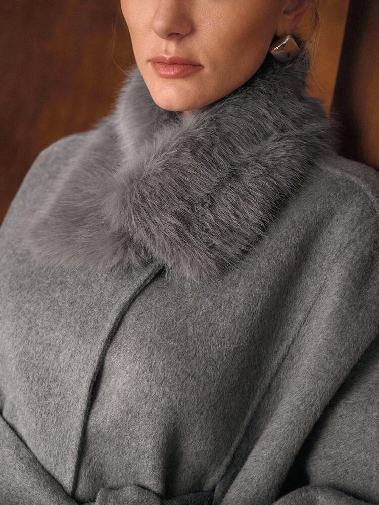 WOOL FUZZY PANEL BATWING SLEEVE BELTED CAPE OVERCOAT , FALL WINTER