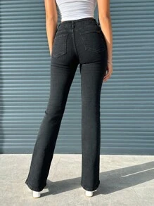 EURMUSE 95% Cotton Women Fashion Solid Flare Leg Jeans - Black - View 2