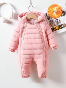 SHEIN 女婴休闲可爱厚款双拉链连帽长裤连体衣，冬季 - 粉色 - 查看 6