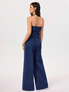 Rivivi 女式时尚挂脖牛仔连体裤 - 深色水洗藍 - 查看 2