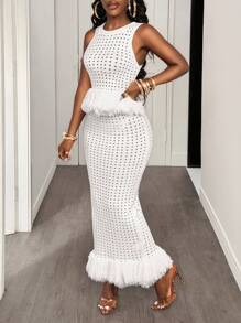 BamGleam Bộ váy hai mảnh dệt kim mùa xuân và thu dành cho nữ, kiểu dáng thời trang và gợi cảm, khoét lỗ, không tay, có tua rua, thích hợp cho tiệc tùng, màu trắng, trang phục mùa xuân và hè, kiểu áo chui đầu, ôm sát, trang phục mùa xuân cho nữ, quần áo mùa xuân và hè, váy dự tiệc. - trắng - Xem 5