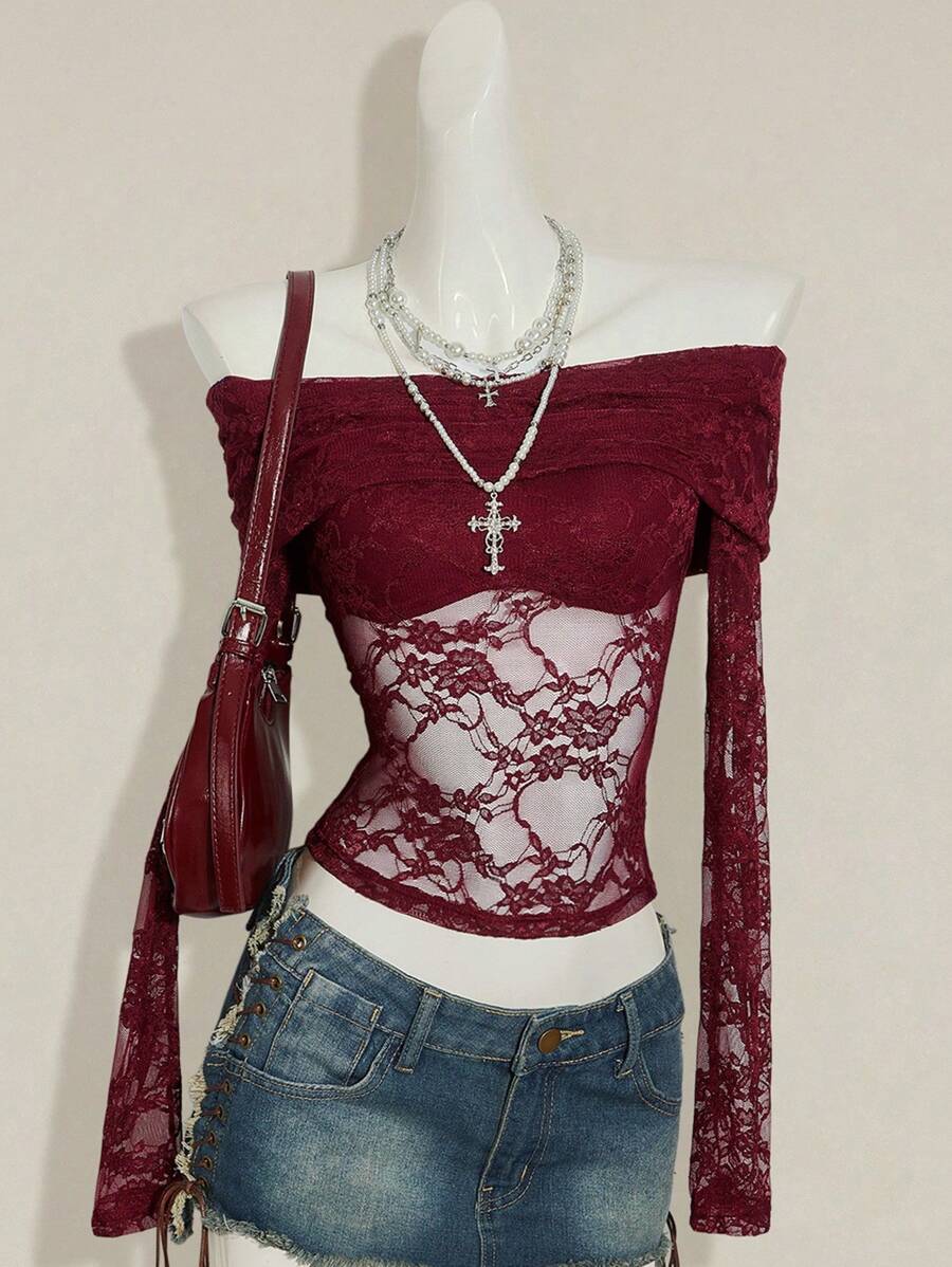 SHEIN ICON 女式酒红色蕾丝露肩性感紧身长袖半透明衬衫 - 酒紅色 - 查看 1