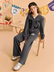 Paul Frank X SHEIN 2 piezas Conjunto de sudadera con capucha con cremallera y pantalón de chándal estampado numérico deportivo y casual para niña preadolescente, gris - Gris - Ver 8
