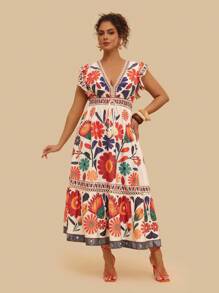 SHEIN VCAY Robe maxi à manches volantées avec imprimé floral tropical, col en V et lien à la taille, pour grandes tailles. Convient pour les vacances, les fêtes, la rentrée, les sorties, le printemps/été/automne - Multicolore - Voir 6