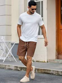 Manfinity NXTstreet 男士休闲梭织中腰抽绳直筒短裤，适合日常穿着男士棕色短裤男士亚麻短裤男士抽绳短裤棕色卡普里短裤男士棕褐色男士短裤 - 棕色 - 查看 3