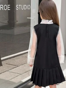 SHEIN Robe blanche à manches longues en maille, plissée au bas, confortable, pour jeunes filles. Automne/Hiver - Noir - Voir 2