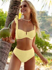 Swim Mod Women's Solid Yellow Shoulder Knot Sexy Bikini Set For Summer Beach, Bathing Suit