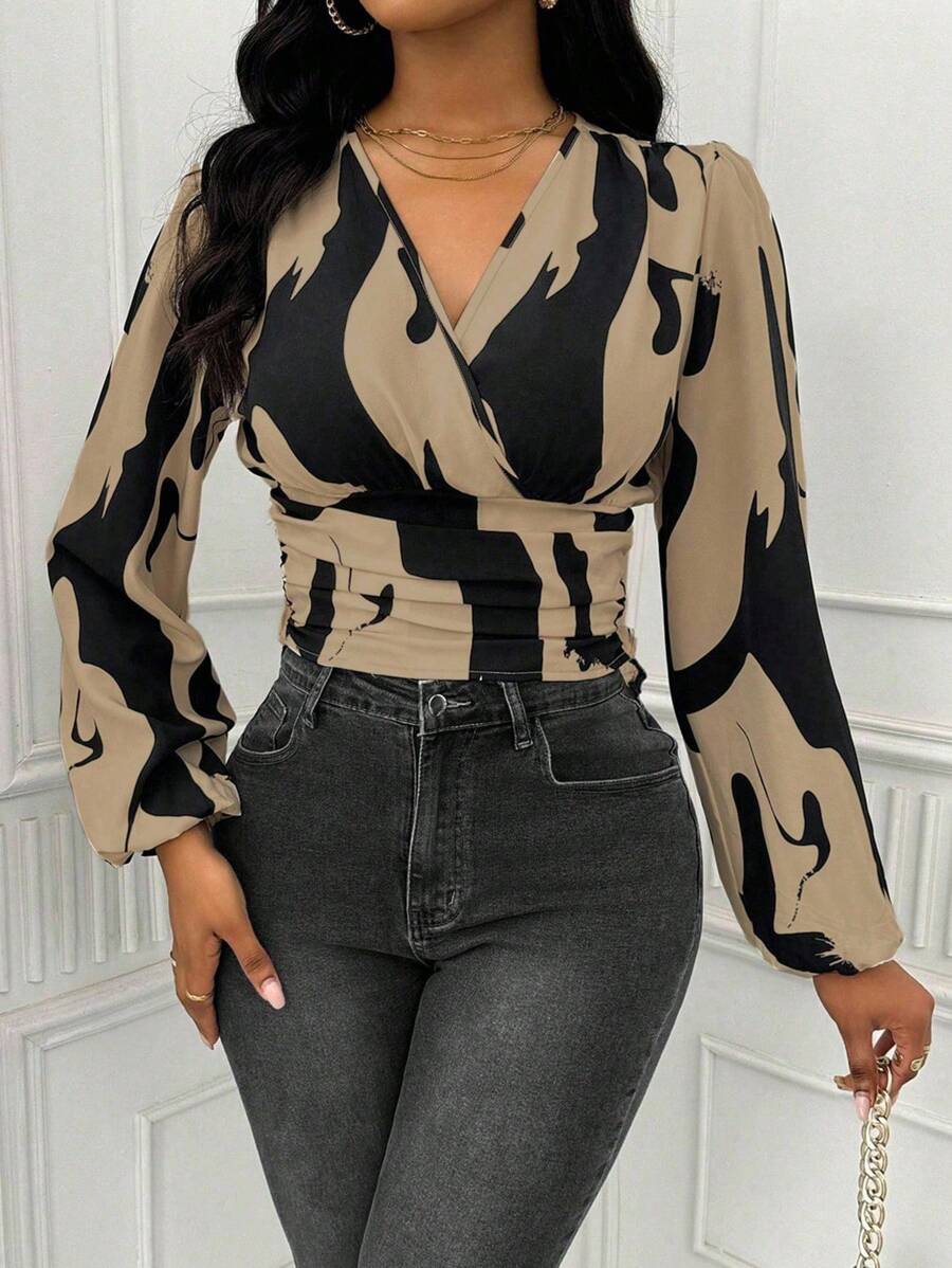 SHEIN LUNE Áo sơ mi tay lửng in họa tiết khối màu đơn giản cho nữ, họa tiết in bất đối xứng, mùa thu - Màu Khaki - Xem 1