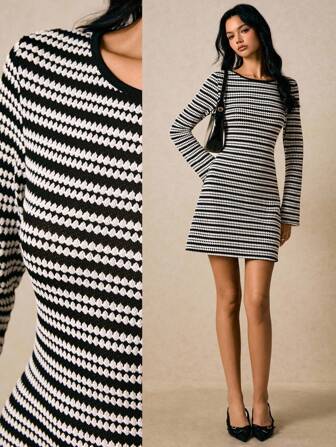 Poéselle Women's Dresses Black And White Striped Dresses Knitted Dresses Textured Fabrics Bell Sleeves Lounge Dresses Long Sleeve Dresses Women's Striped Round Neck Long Sleeve Casual Mini Dress Fall Dresses Winter Dress Fall Clothes For Women Winter Clothes For Women Fall Outfits Homecoming Dress  Going Out Outfit  Y2k Old Money Dress