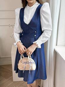 2 peças/Conjunto Roupa para Adolescentes Meninas, Top Branca de Manga Curta com Decoração de Laço + Vestido Azul de Decote em V com Cintura Marcada e Sem Manga, Elegante para Uso Diário e Reuniões, Conjunto Versátil de Volta às Aulas