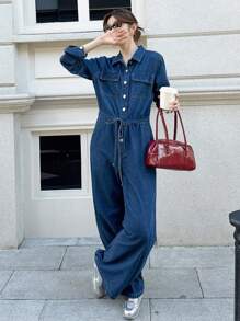 SHEIN Unity 女式秋季深牛仔蓝休闲通勤抽绳腰牛仔连体裤，秋季女装，外出服，商务休闲女装 - 中等水洗藍 - 查看 2