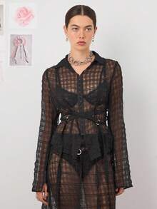 COUREZ 吊带透视飘逸衬衫 /Y2K 出门女装可爱性感上衣 - 黑色 - 查看 4