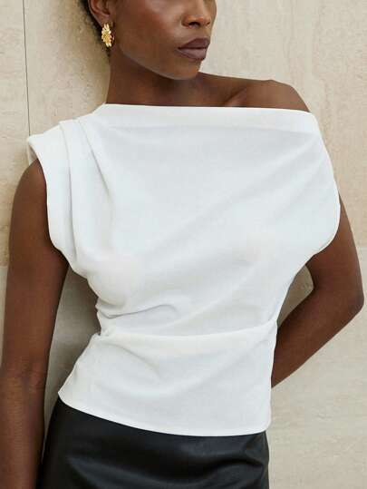 Aveloria Modichic Sophisticated Commuter Fastidious Retro Style Asymmetrical Shoulder Design Pleat Cap Sleeve Gathered Waist Top
