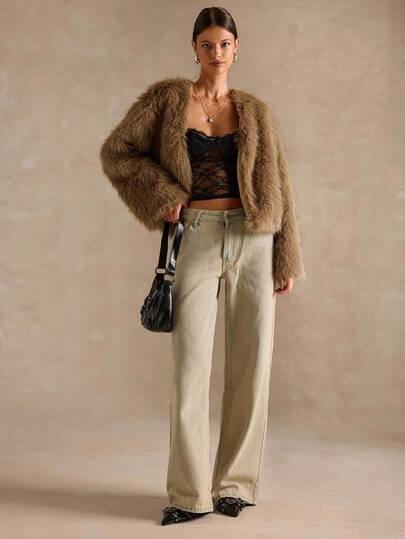 SHEIN BAE 女士纯色长袖短款仿皮草大衣，宽松时尚设计镂空服装感恩节女士皮草大衣秋季女士服装返校节舒适、柔软、温暖，适合派对和约会