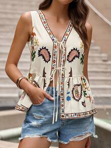 SHEIN PETITE CURVE 大码花卉印花系带吊带背心，休闲度假装 - 杏色 - 查看 3