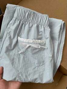 Comfortcana New Navy Blue Bow Embroidered Woven Trousers Back To School Outfits Women - Baby Blue - View 2