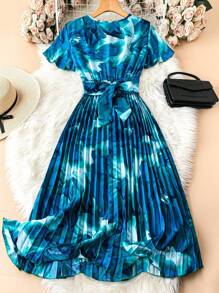 Trelyra Futuristic Floral V-Neck Ruffle Puff Sleeve Bow-Tie Cinched Waist High-Low Hem Long Dress For Tall Women, Summer Maxi Women Outfit
