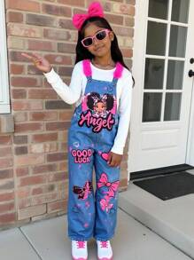 SHEIN Mono de pana con estampado lindo y de niña para niñas preadolescentes - Azul - Ver 4